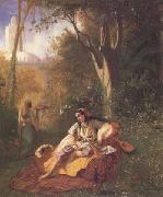 Algerienne et sa servante dans un jardin huile sur toile (mk32), Theodore Frere